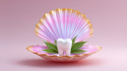 White healthy tooth standing on green leaves in an open iridescent shell for dental care and oral hygiene concept on a light pink background.