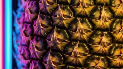 Close up of a pineapple with colorful neon lighting