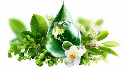 Earth globe in water drop surrounded by fresh green leaves and white flower. Environmental conservation concept for Earth Day or nature protection.