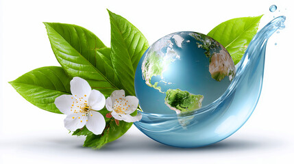Earth globe in a splash of water, green leaves, and white flower. Concept of environmental conservation, sustainable development, and clean water.