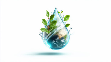 Earth globe in a water drop with green leaves. Global environmental concept for nature conservation and clean water. Sustainable future.