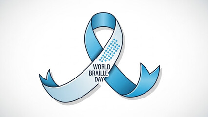 World braille day awareness blue ribbon with dots on white background for visually impaired accessibility