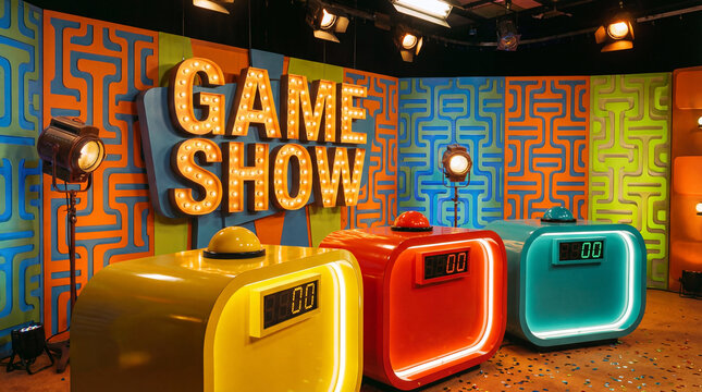 Colorful retro game show studio set with bright lights buzzers and score displays ready for contestants to compete live