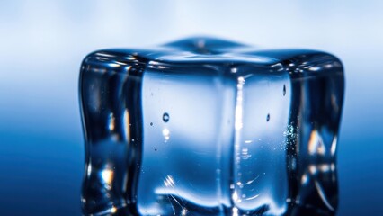 Close up of a single ice cube with transparent texture and reflective surface against a blurred gradient backdrop
