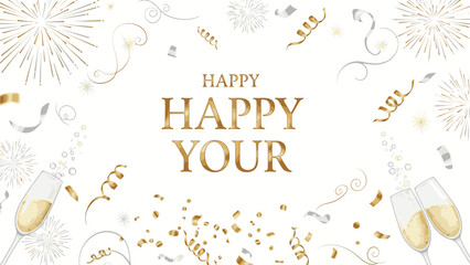 New Year's Eve celebration graphic with 'HAPPY YOUR' text, gold confetti, and champagne glasses on a white background with fireworks and ribbons. © Steven