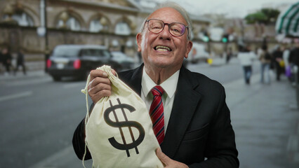 Senior man with dollar bag on bustling street symbolizes business success and corruption themes in...
