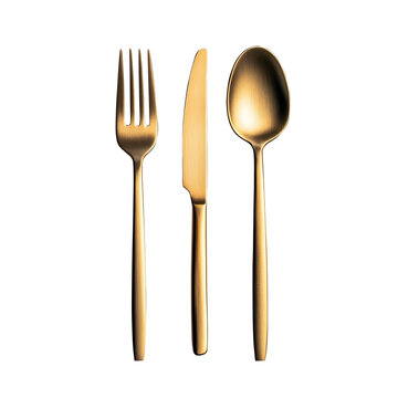 matte gold fork and matte gold knife, top view isolated on transparent background