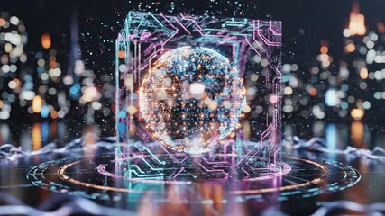 A futuristic video showcasing a glowing digital cube in a vibrant city at night - Powered by Adobe