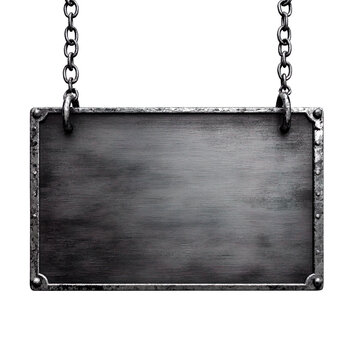 Metal blank sign hanging on a chain isolated on transparent background