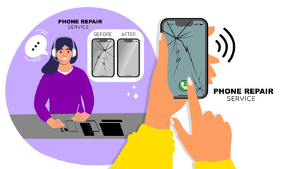 Phone repair service banner template. Smartphones with broken and good screens. Before and After. Advertising concept. Vector illustration