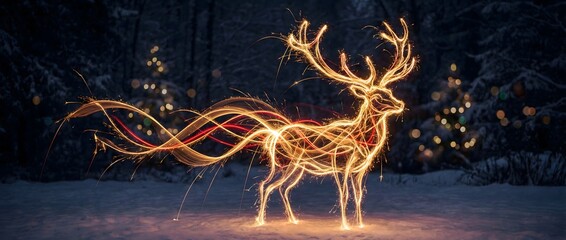 Magical Golden Light Trail Stag in a Snowy Winter Forest Night