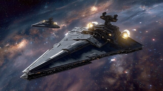 Two capital ships, triangular with prominent superstructures, drift in a nebula