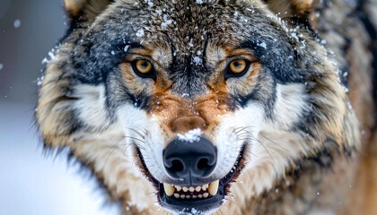 Snarling Wolf in Falling Snow
