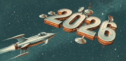 Celebrating the New Year with a futuristic space theme, featuring a spaceship soaring through the cosmos towards a 2026 sign