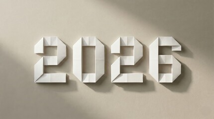Elegant geometric design, the year 2026, crafted in sharp, folded paper, casts subtle shadows, making a strong visual impact