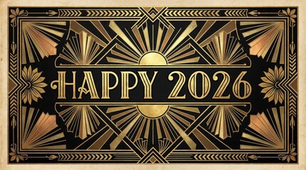 Art Deco style design with the words HAPPY 2026 displayed
