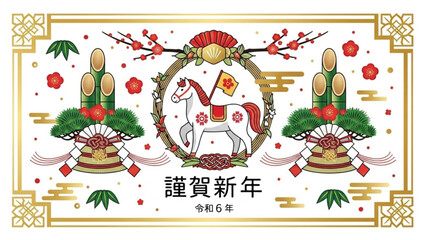 Vibrant japanese new year card features white horse with red saddle floral wreath bamboo plants cherry blossoms gold accents on white