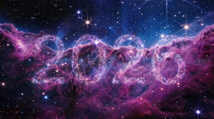 An astronomical view of the number 2020 formed by nebulae in the universe, representing a year in the cosmos. The image evokes feelings of wonder and the vastness of space.