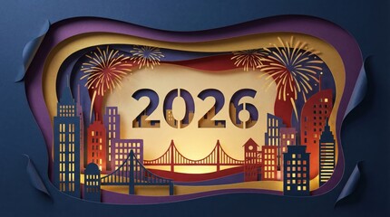 New Year's Eve illustration in paper cut style with colorful cityscape and fireworks. The image features a vibrant cityscape with fireworks and the year 2026