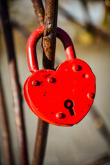 a classic red heart-shaped padlock. A decorative lock symbolizing strength of a locked love. for St. Valentine&rsquo;s Day marketing, wedding anniversary themes, conceptual articles on relationship security