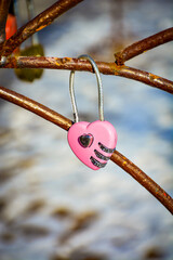 a heart-shaped pink lock. A fastened combination lock symbolizing unbreakable love and commitment. For Valentine's Day, romantic social media content, wedding photography blogs.