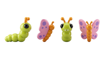 Colorful cartoon caterpillar and butterfly toys with playful design isolated on transparent