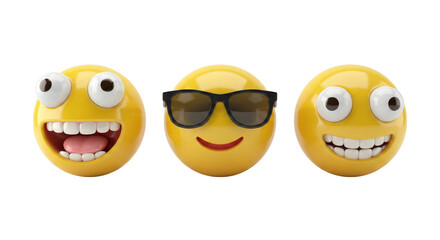 playful yellow emoji faces with goofy expressions and sunglasses isolated on transparent background