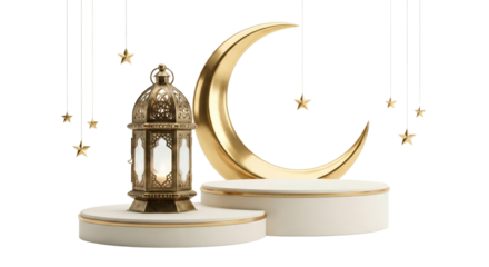 elegant crescent moon and lantern decor with hanging stars and soft glow isolated transparent
