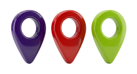 Close-up of colorful glossy map location markers on a sleek black background isolated transparent