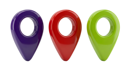 Close-up of colorful glossy map location markers on a sleek black background isolated transparent
