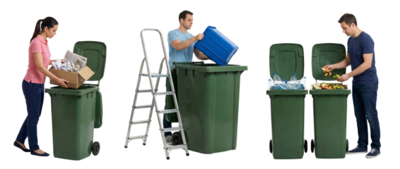 People Sorting and Recycling Waste into Green Bins on Isolated Transparent Background