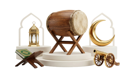 Eid Mubarak celebration with traditional drum lantern crescent moon and miniature cannon on