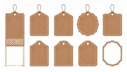 Set of brown labels with decorative borders, arranged on a white background. Each label features a distinct shape. Ideal for organizing, crafting, or packaging projects, for creative and practical use