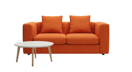 Modern minimalist living room scene featuring an orange sofa with matching cushions and a small