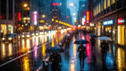 Rainy night city street with people and umbrellas