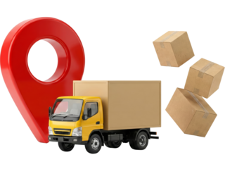 composite image of a delivery truck with a location pin and floating cardboard boxes isolated on