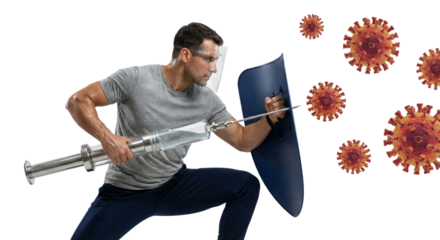 Conceptual Representation of a Scientist Battling Viruses with Shield and Vaccine Syringe Isolated