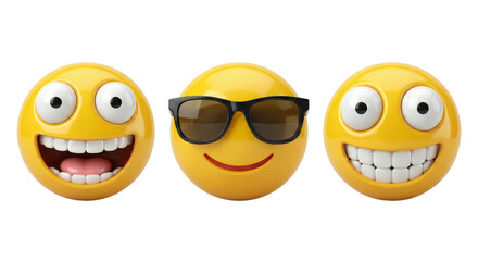 Set of three cheerful expressive emojis with varied facial expressions isolated on transparent