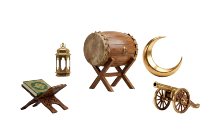 vintage musical instruments and objects of mystical and cultural symbolism isolated on transparent