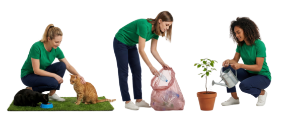 woman engaging in volunteer activities planting and caring for indoor plants isolated transparent