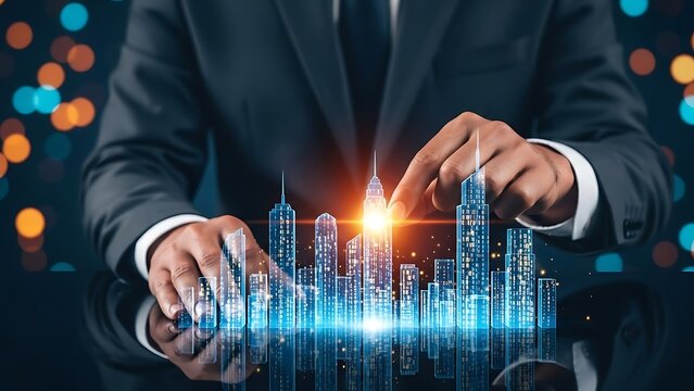 Businessman interacting with futuristic cityscape on digital interface - Powered by Adobe