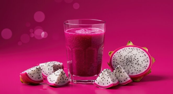 Dragon fruit juice glass and cut pitaya fruit on vibrant magenta background
