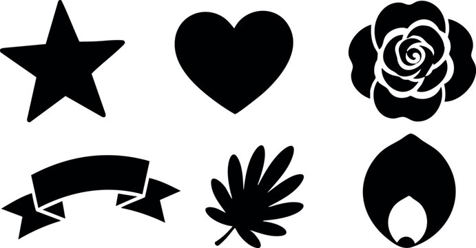 Simple black icons star heart rose ribbon leaf flame vector illustration set 