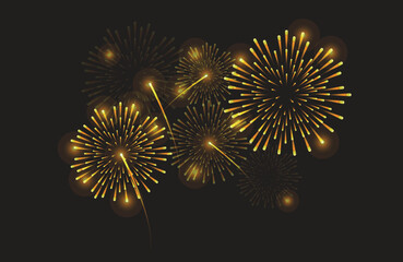 Golden fireworks exploding against a dark background vector illustration.