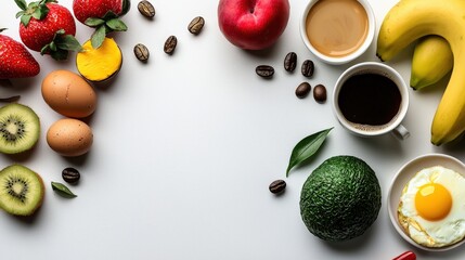 Colorful healthy breakfast with fresh fruits eggs coffee and vegetables on clean white background for nutritious meal or snack concept