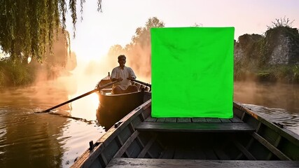Man Rowing Boat on Serene River Landscape.