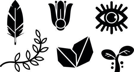 Set of six nature inspired black icons with leaves flower and eye vector illustration 