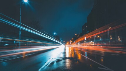 Blurry lights from fastmoving cars on city road at night. Concept Cityscape Photography, Night Time Exploration, Urban Light Trails. High quality 

