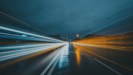 Blurry lights from fastmoving cars on city road at night. Concept Cityscape Photography, Night Time Exploration, Urban Light Trails. High quality 
