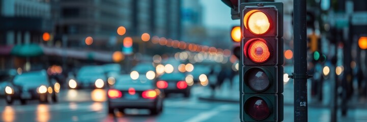 A traffic light at a street crossroads with a beautiful bokeh city and cars in the background. High quality 